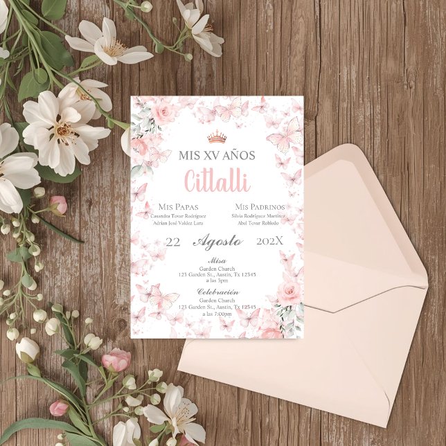 Convite Espanhol Quinceañera Borboleta Rosa (Criador carregado)