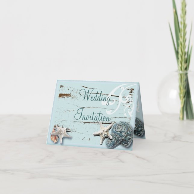 Convite Estância de Casamento de Praia Elegante Seashells (Frente)