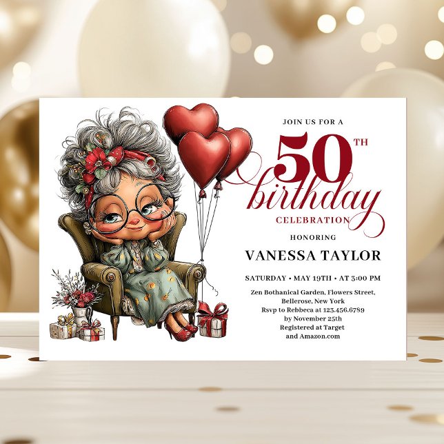 Convite estiloso e divertido para mulher de 50 ano (Fun stylish 50th birthday woman quirky invite)