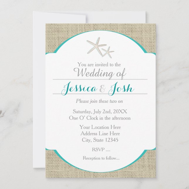 Convite Estrela-do-Mar Azul Turquesa Praia Burlap (Frente)