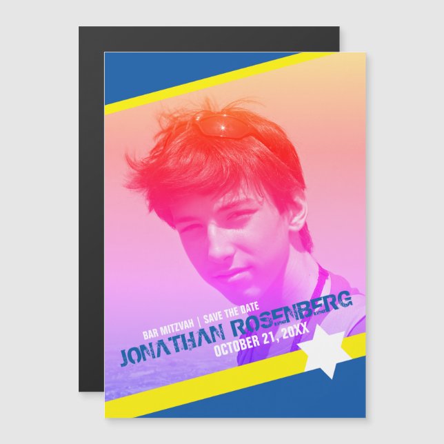 Convite Estrela Moderna do Bar David Mitzvah Salvar a Data (Frente/Verso)
