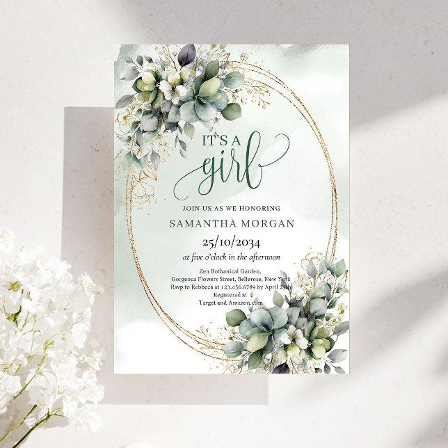 Convite Eucalipto Ouro Verde É Uma Menina (Green Gold Eucalyptus Look It’s A Girl Invitation)