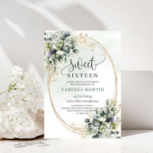 Convite Eucalyptus Botânico Sweet 16 Verde Dourado