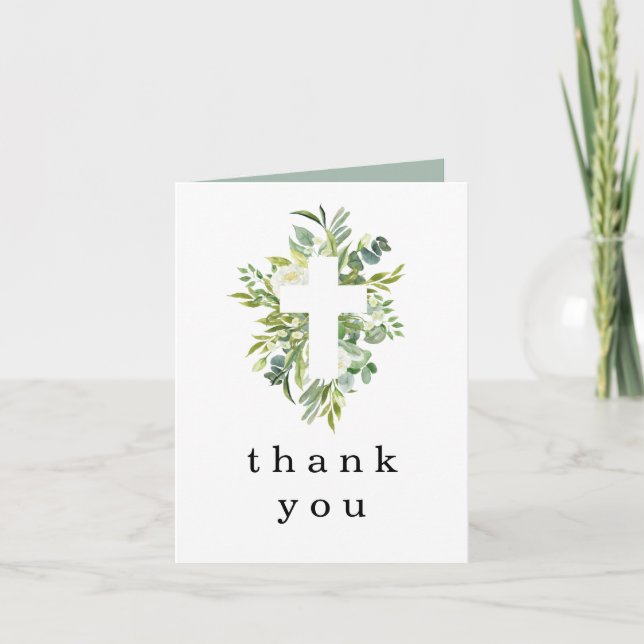 Convite Eucalyptus Cross Baptism Christening Obrigado (Frente)