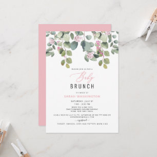 Convite Eucalyptus e Bebê Floral Rosa Brunch