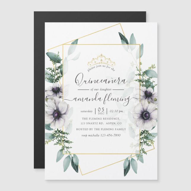 Convite Eucalyptus Floral Quinceañera (Frente/Verso)