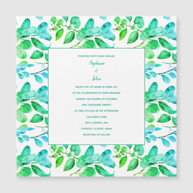 Convite Eucalyptus Leaf Art Green Teal Dusty Casamento Azu (Frente)