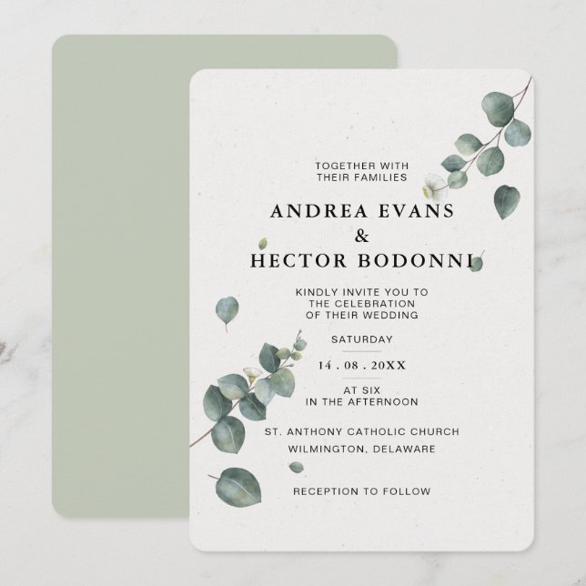 Convite Eucalyptus para Casamento Elegante (Frente/Verso)