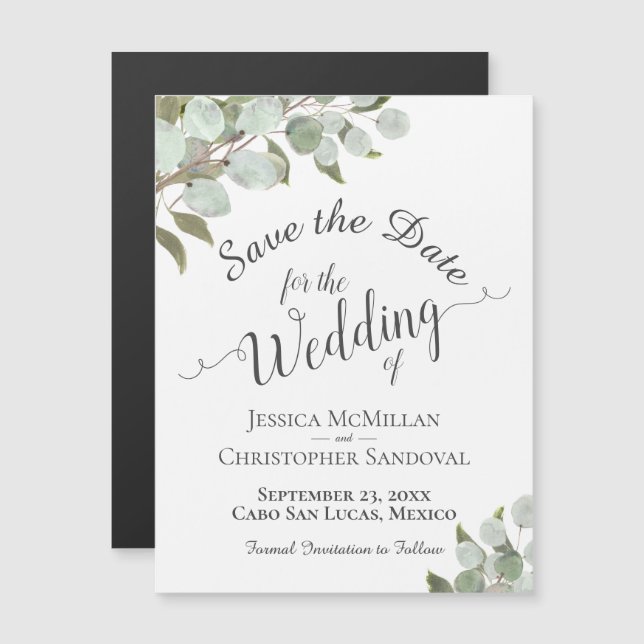 Convite Eucalyptus Wedding Save the Date Calliografia Whit (Frente/Verso)