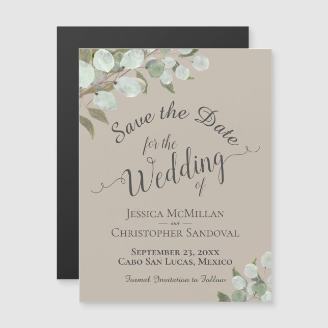 Convite Eucalyptus Weding Date Calliographic Taupe (Frente/Verso)