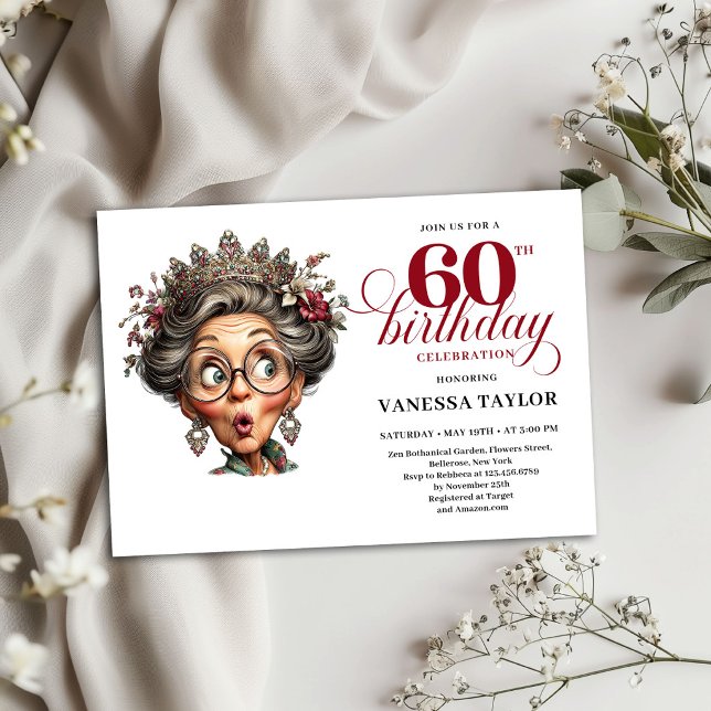 Convite Excêntrico de 60 Anos de Idade Tema de Vel (Quirky 60th Birthday Invite Funny Old Lady Theme)