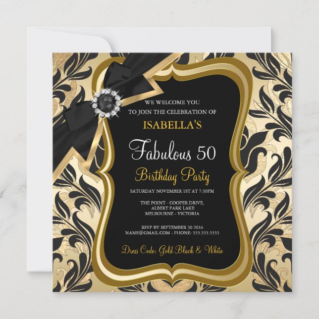 Convite Fabuloso 50 Pérola Dourada Arco Preto Dama (Frente)