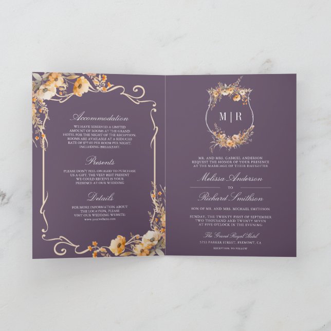 Convite Fall Wildflower Crest Dusty Purple QR Code Wedding (Interior)
