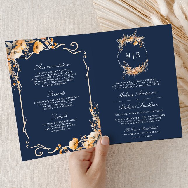 Convite Fall Wildflower Crest Navy Blue QR Code Wedding (Criador carregado)