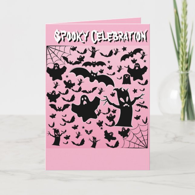 Convite Fantasmas Morcegos e Teias Cor-de-Rosa Celebração  (Frente)