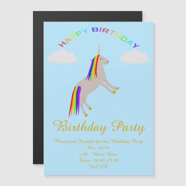 Convite Fantasy Birthday Unicorn Rainbow and Clouds Custom (Frente/Verso)