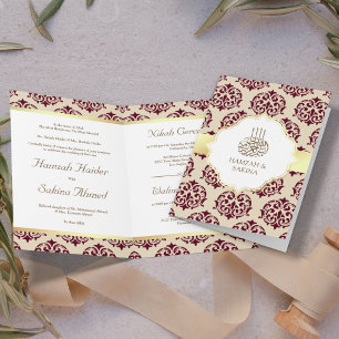 Convite Faux Dourado Folha Borgonha Vermelho Damask Casame
