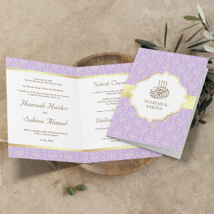 Convite Faux Dourado Lavanda Damasco Casamento Muçulmano