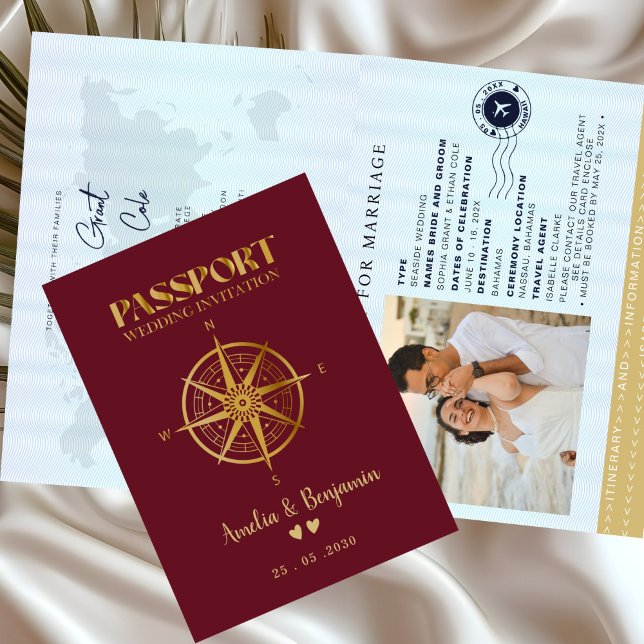 Convite Faux Gold Compass Travel passport destination (Criador carregado)