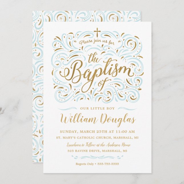 Convite Faux Gold Foil Boy Baptism (Frente/Verso)
