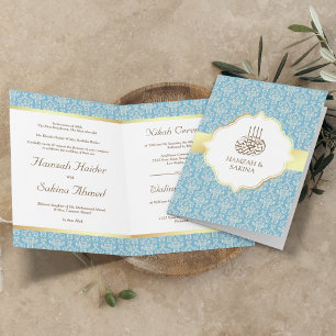 Convite Faux Gold Foil Light Blue Damask Muslim Casamento