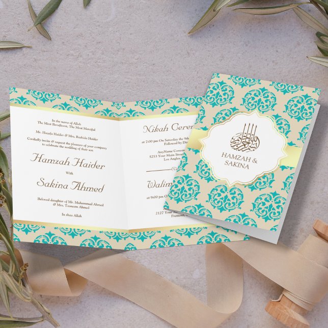 Convite Faux Gold Foil Teal Blue Damask Muslim Casamento (Criador carregado)