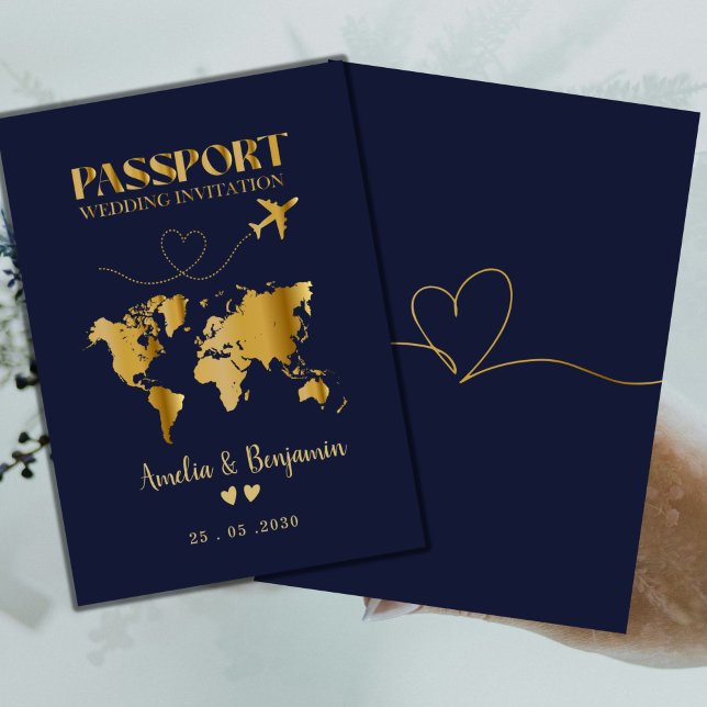 Convite Faux Gold Heart Passport Destination Wedding  (Criador carregado)