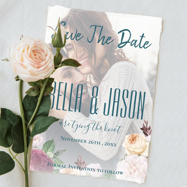 Convite Faux Vellum Floral Foto Casamento Salve a Data (Faux Vellum Floral Photo Wedding Save the Date Magnetic Invitation)