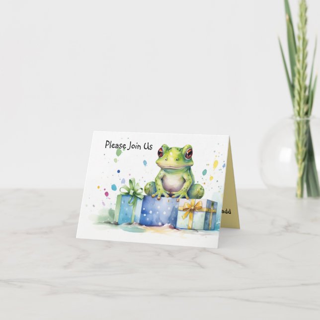 Convite Feliz sapo Verde de Aniversário com presentes empa (Frente)