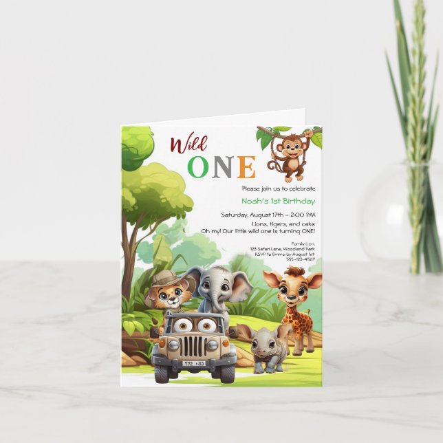 Convite Fera Pequena Animais da Selva Aniversário de 1 Ano (Frente)