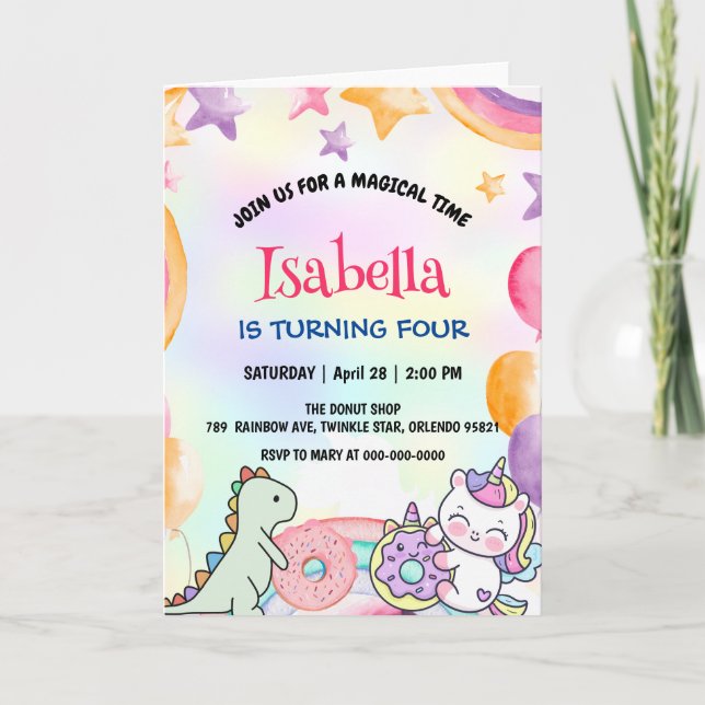 Convite Festa Bela Rosquinha Dino Unicorn Birthday Rainbow (Frente)
