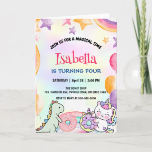 Convite Festa Bela Rosquinha Dino Unicorn Birthday Rainbow