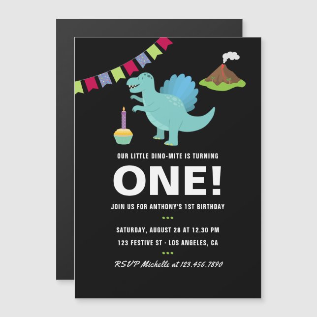 Convite Festa de 1º aniversário com tema de dinossauro pre (Frente/Verso)