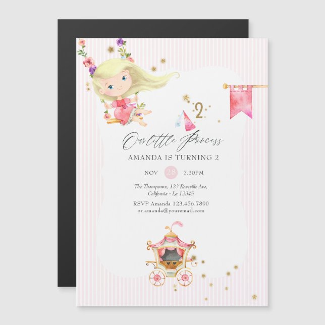 Convite Festa de 2 Anos da Menina Princesa Rosa e Dourado (Frente/Verso)