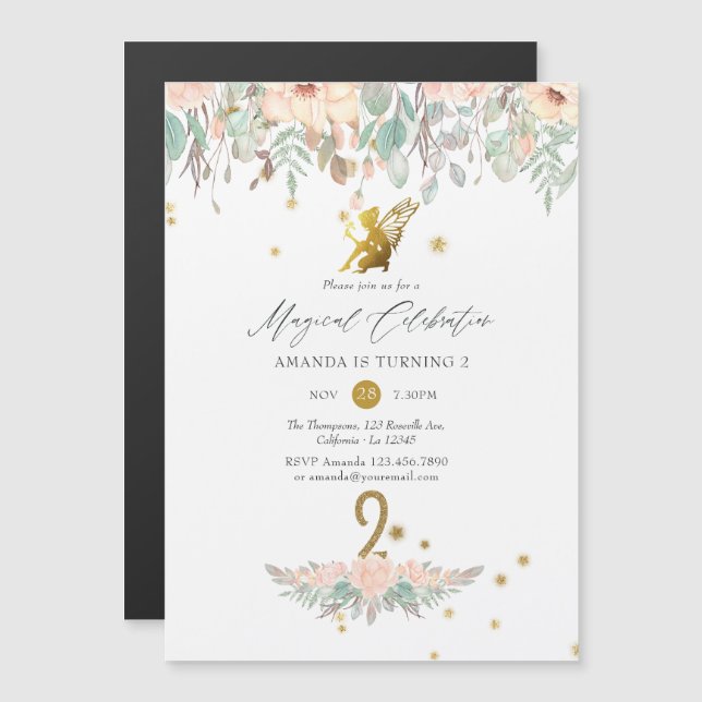 Convite Festa de 2 anos tema Fada Rosa e Dourado para Meni (Frente/Verso)