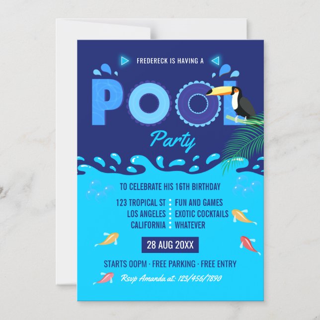 Convite Festa de Aniversário de Piscina de Verão Azul Real (Frente)