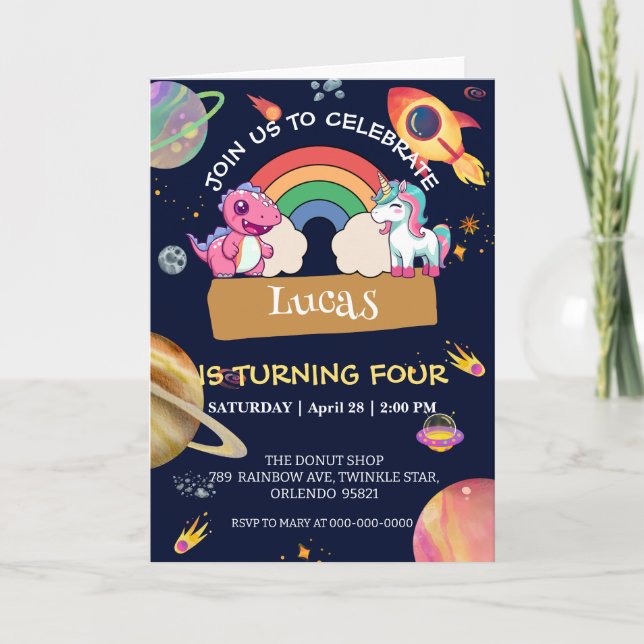 Convite Festa de aniversário do arco-íris do dinossauro bo (Frente)