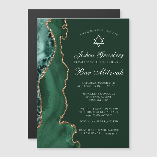Convite Festa de Bar Mitzvah com Ágata Dourada Verde Escur (Frente/Verso)