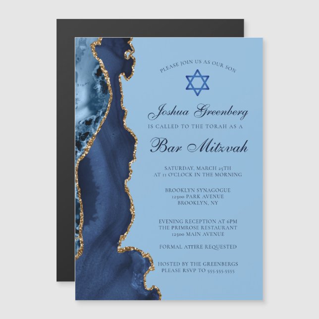 Convite Festa de Bar Mitzvah de Ágata Azul Ouro Moderno (Frente/Verso)