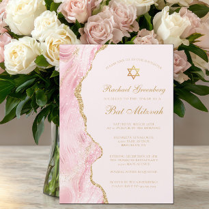 Convite Festa de Bat Mitzvah Chic Pink Gold Agate Personal