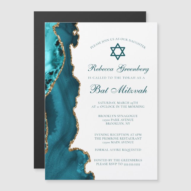 Convite Festa de Bat Mitzvah Chic Turquesa Ágata Dourada (Frente/Verso)
