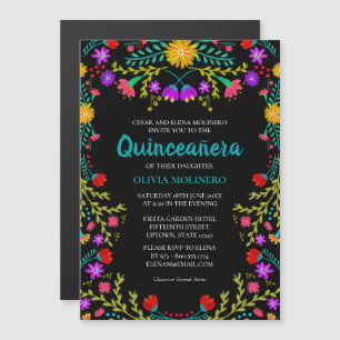 Convite Festa Mexicana Floral Preta Quinze Anos