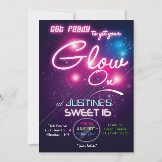 Convite Festa Sweet 16 Glow Party Anos Oitenta 80 (Frente)