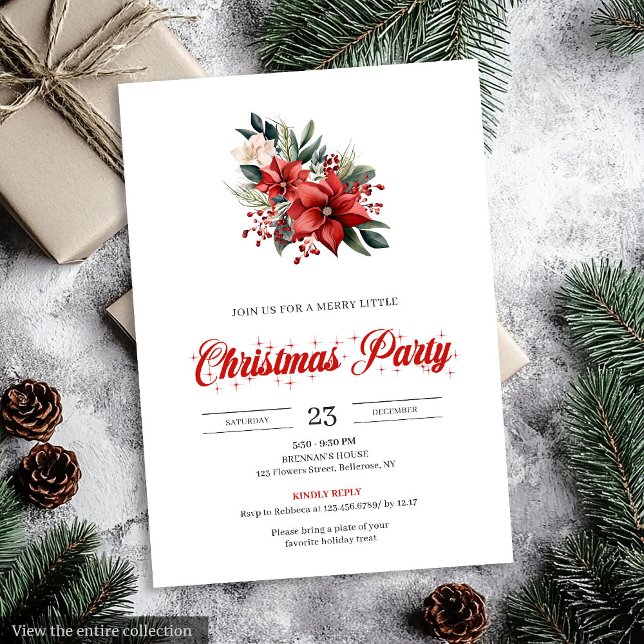 Convite Festivo de Flores de Natal em Aquarela Mod (Modern Watercolor Christmas Flowers Festive Invitation)