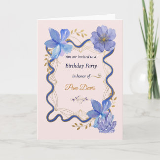 Convite Fita Dourada Floral Roxa Aniversário