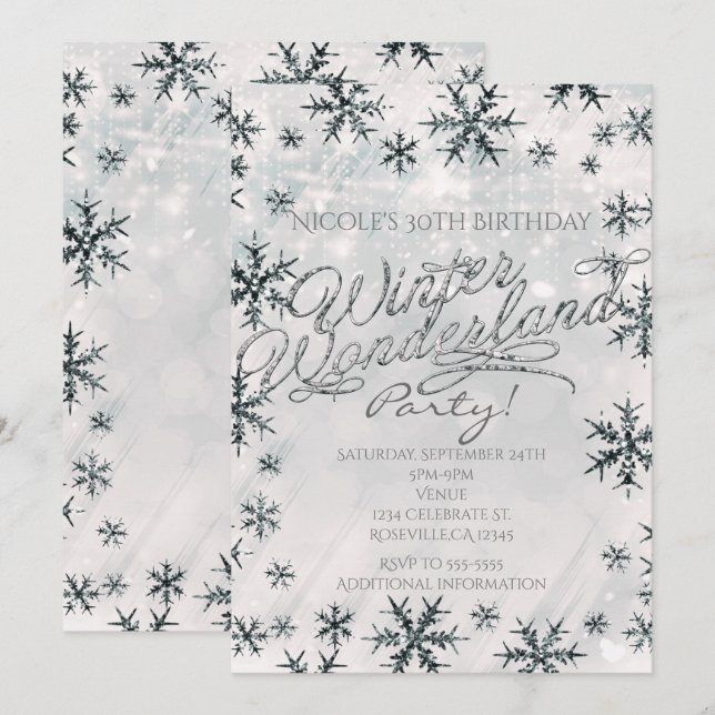 Convite Flocos de Neve Terra de Encanto de Inverno (Frente/Verso)