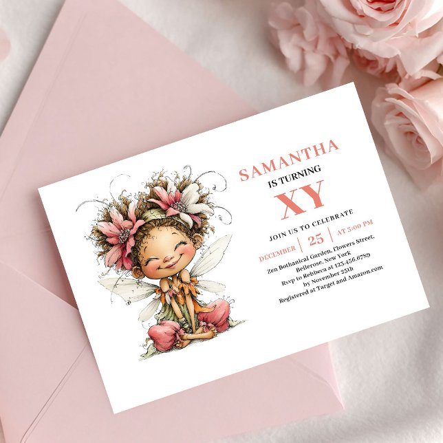 Convite Flor de Rosa para o 8º Aniversário da Meni (Whimsy Fairy Girl 8th Birthday Floral Pink invitation)