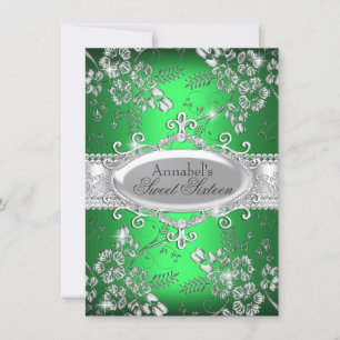 Convite Flor Doce Brilho Prata Verde Sweet 16