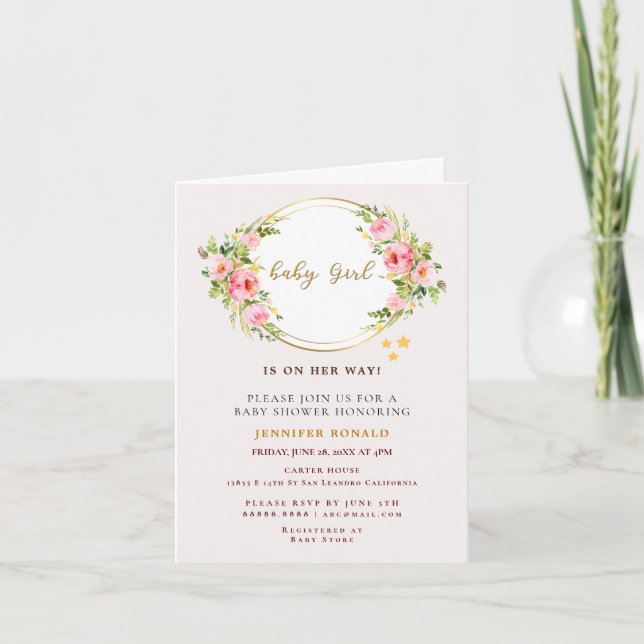 Convite Flor rosa e Dourada chá de fraldas (Frente)