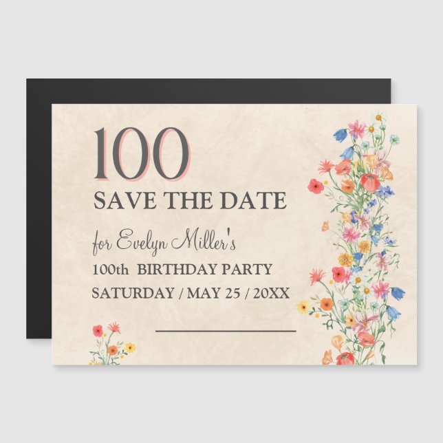 Convite Floral 100º Aniversário – Flores Silvestres Elegan (Frente/Verso)